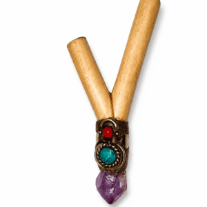 Palo Santo Wood Kuripe with Amethyst Crystal, Turquoise & Huayruro