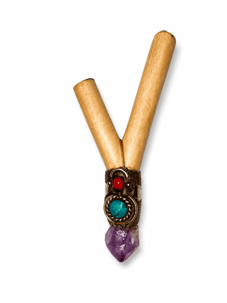Palo Santo Wood Kuripe with Amethyst Crystal, Turquoise & Huayruro