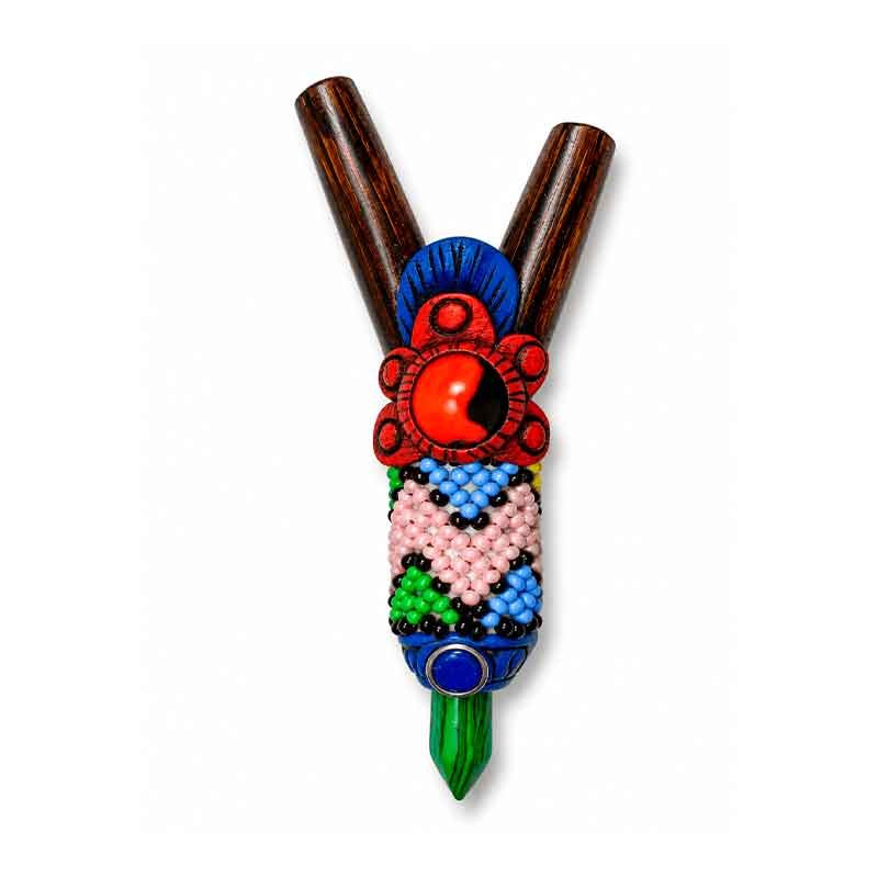 Chonta Wood Kuripe with Multicolored Beadwork, Huayruro & Green Crystal Point