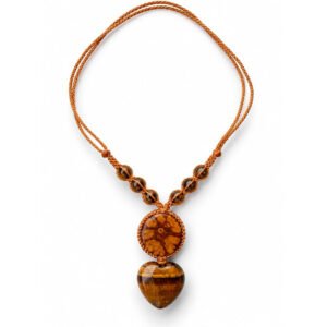 Handcrafted Ayahuasca Vine & Tiger's Eye Heart Necklace – Adjustable Caramel Macrame Jewelry