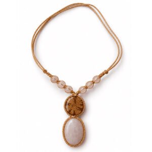 Handcrafted Ayahuasca Vine & Rose Quartz Necklace – Adjustable Beige Macrame Jewelry