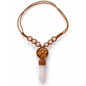 Handcrafted Ayahuasca Vine & Rose Quartz Point Necklace – Adjustable Brown Macrame Jewelry