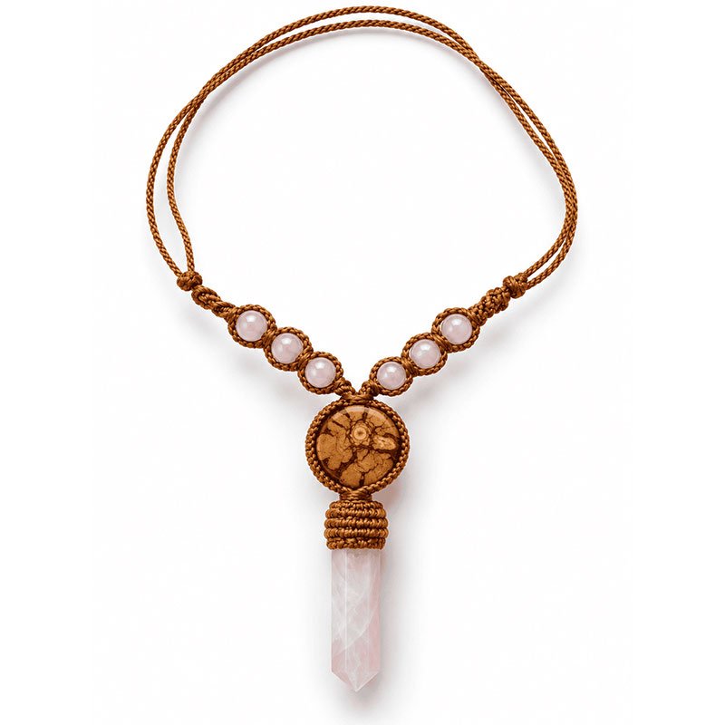 Handcrafted Ayahuasca Vine & Rose Quartz Point Necklace – Adjustable Brown Macrame Jewelry