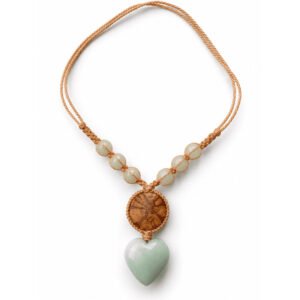 Handcrafted Ayahuasca Vine & Green Stone Heart Necklace – Adjustable Beige Macrame Jewelry