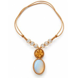 Handcrafted Ayahuasca Vine & Moonstone Necklace – Adjustable Beige Macrame Jewelry