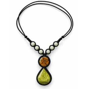Handcrafted Ayahuasca Vine & Green Serpentine Necklace – Adjustable Black Macrame Jewelry