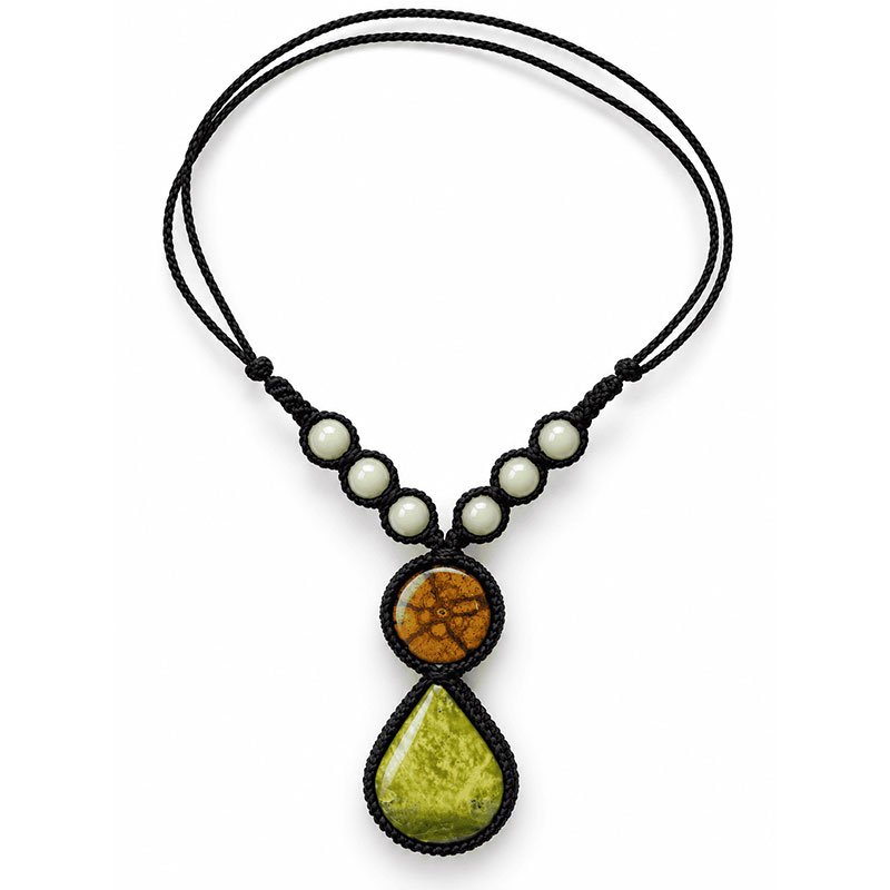Handcrafted Ayahuasca Vine & Green Serpentine Necklace – Adjustable Black Macrame Jewelry