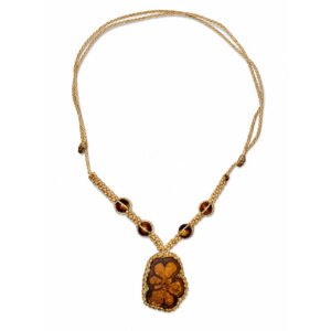 Handcrafted Ayahuasca Vine Pendant Necklace with Tiger's Eye – Golden Cream Cord