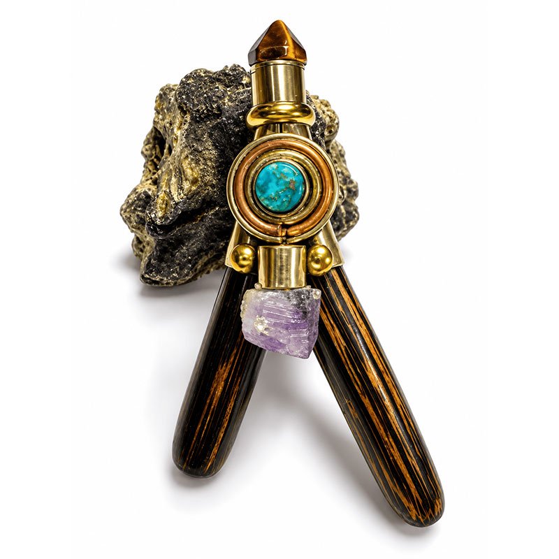 Handcrafted Chonta Wood Kuripe – Tiger's Eye Point, Turquoise & Amethyst Crystal