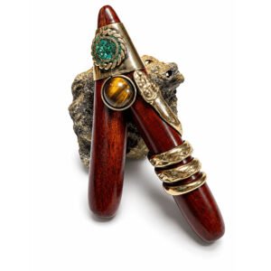 Handcrafted Palo Sangre Kuripe – Brass Serpent with Turquoise & Tiger's Eye [Traditional Amazonian Self-Applicator]