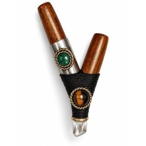 Handcrafted Tahuari Wood Kuripe – Clear Quartz Base Point, Tiger's Eye, Malachite & Cord Wrap