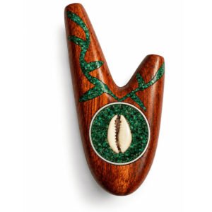 Single-Piece Monoblock Palo Sangre Kuripe – Cowrie Shell, Turquoise Medallion & Botanical Vine Inlay