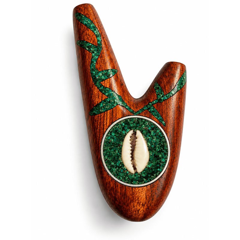 Single-Piece Monoblock Palo Sangre Kuripe – Cowrie Shell, Turquoise Medallion & Botanical Vine Inlay